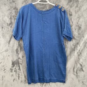 PURE JILL Indigo Tencel Lyocell V-Neck Button Shoulder Shift Dress Lagenlook XS